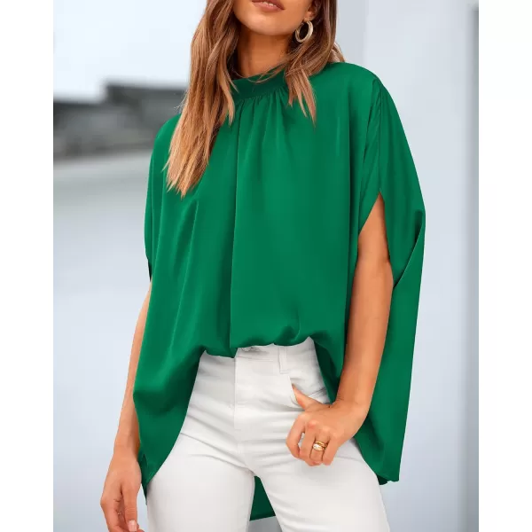 BTFBM Women Mock Neck Summer Tops 2024 Spring Batwing Short Sleeve Loose High Low Hem Casual Oversized Blouses ShirtsSolid Green