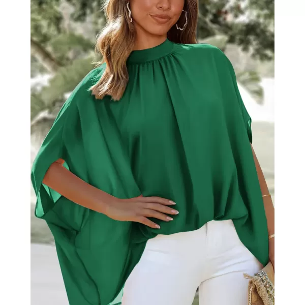 BTFBM Women Mock Neck Summer Tops 2024 Spring Batwing Short Sleeve Loose High Low Hem Casual Oversized Blouses ShirtsSolid Green
