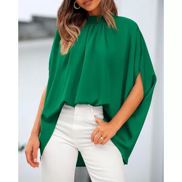 BTFBM Women Mock Neck Summer Tops 2024 Spring Batwing Short Sleeve Loose High Low Hem Casual Oversized Blouses ShirtsSolid Green