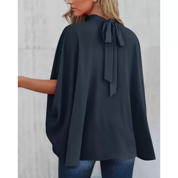BTFBM Women Mock Neck Summer Tops 2024 Spring Batwing Short Sleeve Loose High Low Hem Casual Oversized Blouses ShirtsSolid Navy
