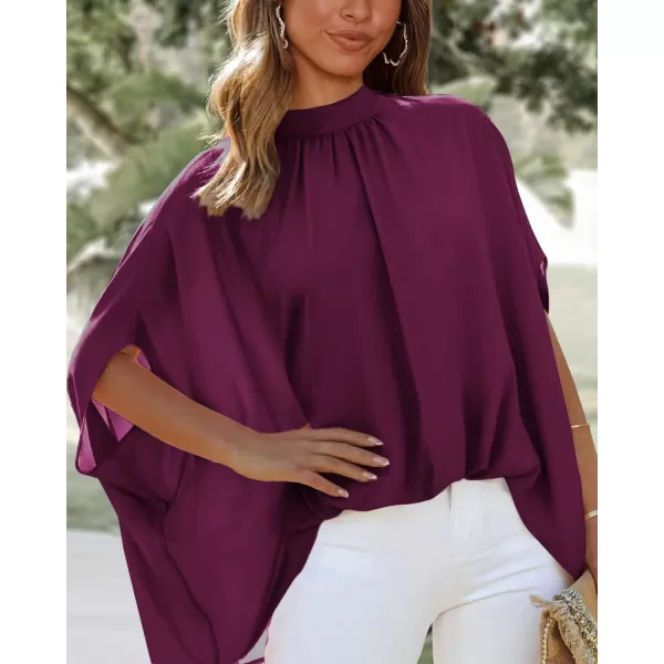 BTFBM Women Mock Neck Summer Tops 2024 Spring Batwing Short Sleeve Loose High Low Hem Casual Oversized Blouses ShirtsSolid Purple Red