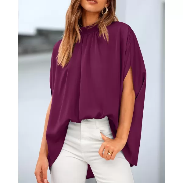 BTFBM Women Mock Neck Summer Tops 2024 Spring Batwing Short Sleeve Loose High Low Hem Casual Oversized Blouses ShirtsSolid Purple Red