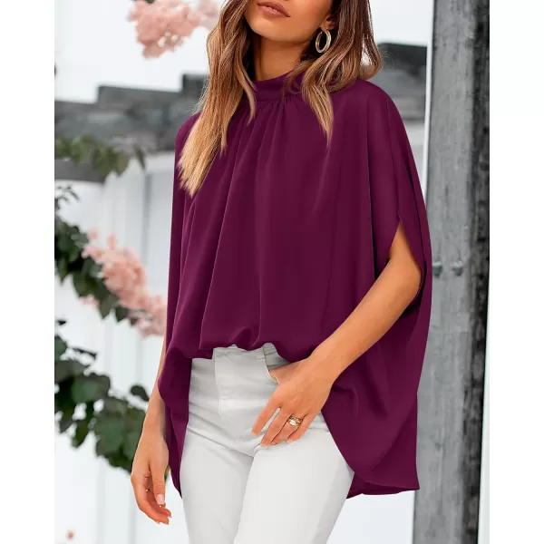 BTFBM Women Mock Neck Summer Tops 2024 Spring Batwing Short Sleeve Loose High Low Hem Casual Oversized Blouses ShirtsSolid Purple Red