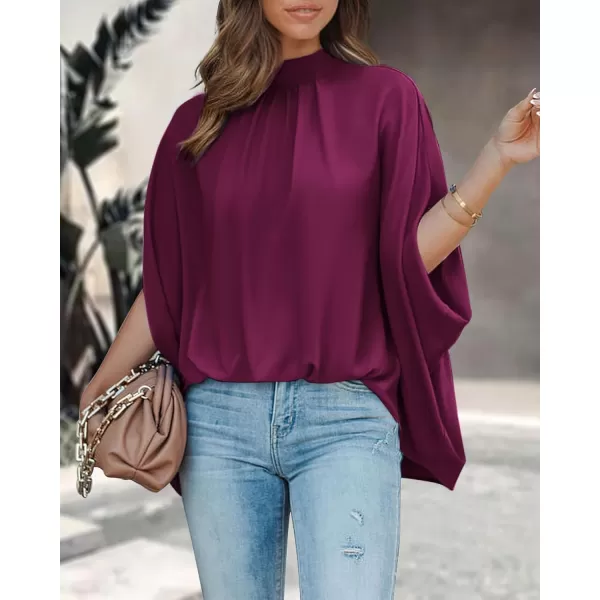 BTFBM Women Mock Neck Summer Tops 2024 Spring Batwing Short Sleeve Loose High Low Hem Casual Oversized Blouses ShirtsSolid Purple Red
