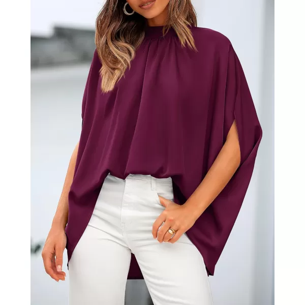 BTFBM Women Mock Neck Summer Tops 2024 Spring Batwing Short Sleeve Loose High Low Hem Casual Oversized Blouses ShirtsSolid Purple Red