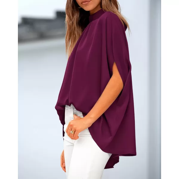 BTFBM Women Mock Neck Summer Tops 2024 Spring Batwing Short Sleeve Loose High Low Hem Casual Oversized Blouses ShirtsSolid Purple Red