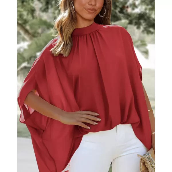 BTFBM Women Mock Neck Summer Tops 2024 Spring Batwing Short Sleeve Loose High Low Hem Casual Oversized Blouses ShirtsSolid Red