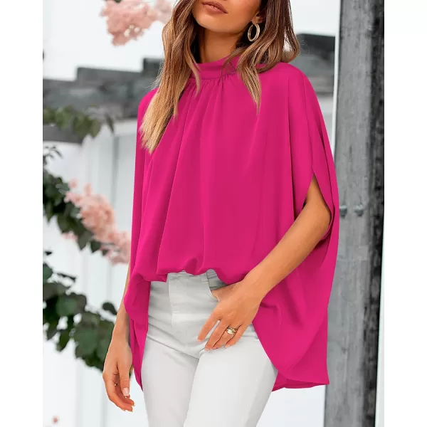 BTFBM Women Mock Neck Summer Tops 2024 Spring Batwing Short Sleeve Loose High Low Hem Casual Oversized Blouses ShirtsSolid Rose Red