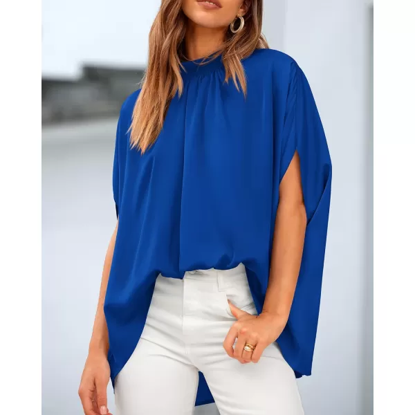BTFBM Women Mock Neck Summer Tops 2024 Spring Batwing Short Sleeve Loose High Low Hem Casual Oversized Blouses ShirtsSolid Royal Blue
