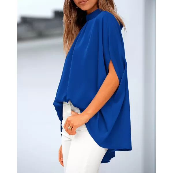 BTFBM Women Mock Neck Summer Tops 2024 Spring Batwing Short Sleeve Loose High Low Hem Casual Oversized Blouses ShirtsSolid Royal Blue
