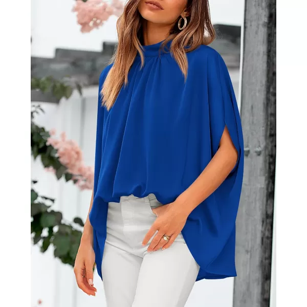 BTFBM Women Mock Neck Summer Tops 2024 Spring Batwing Short Sleeve Loose High Low Hem Casual Oversized Blouses ShirtsSolid Royal Blue