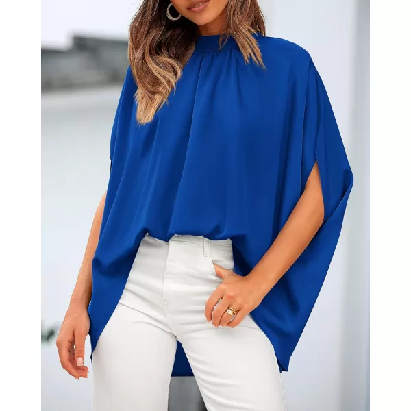 BTFBM Women Mock Neck Summer Tops 2024 Spring Batwing Short Sleeve Loose High Low Hem Casual Oversized Blouses ShirtsSolid Royal Blue