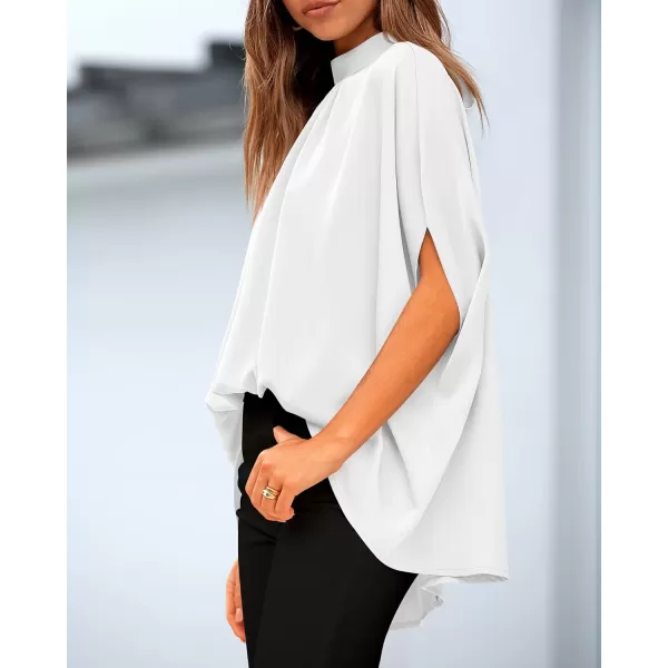 BTFBM Women Mock Neck Summer Tops 2024 Spring Batwing Short Sleeve Loose High Low Hem Casual Oversized Blouses ShirtsSolid White
