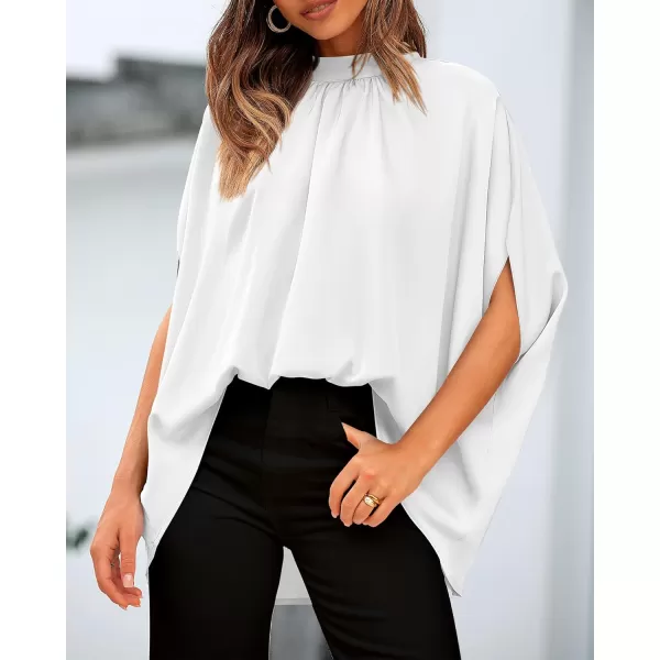 BTFBM Women Mock Neck Summer Tops 2024 Spring Batwing Short Sleeve Loose High Low Hem Casual Oversized Blouses ShirtsSolid White