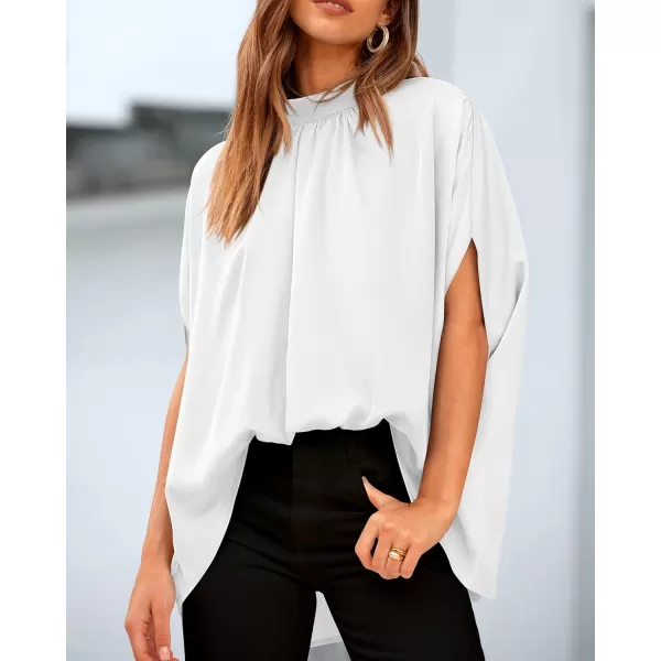 BTFBM Women Mock Neck Summer Tops 2024 Spring Batwing Short Sleeve Loose High Low Hem Casual Oversized Blouses ShirtsSolid White