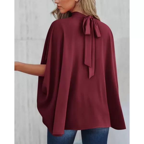 BTFBM Women Mock Neck Summer Tops 2024 Spring Batwing Short Sleeve Loose High Low Hem Casual Oversized Blouses ShirtsSolid Wine Red