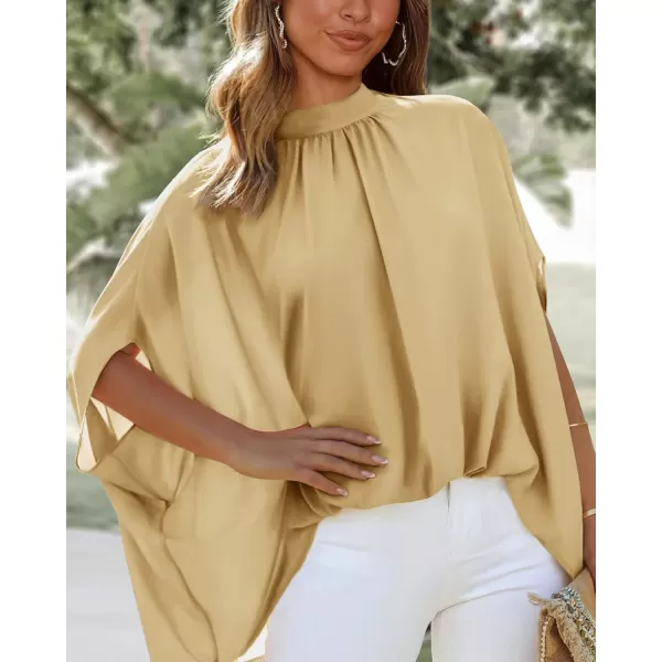 BTFBM Women Mock Neck Summer Tops 2024 Spring Batwing Short Sleeve Loose High Low Hem Casual Oversized Blouses ShirtsSolid Yellow