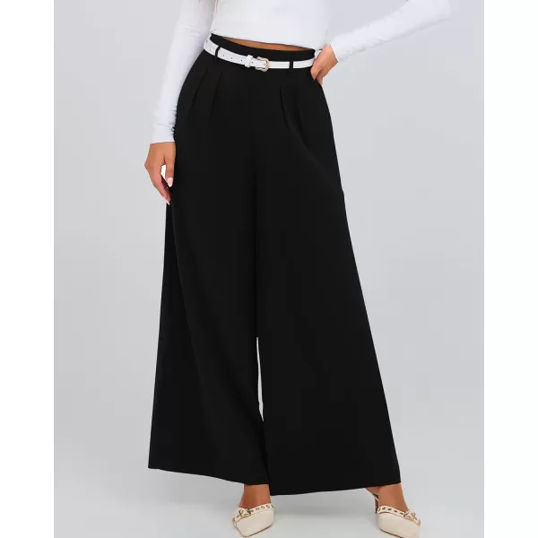 BTFBM Womens Elegant Flowy Dress Pants Front Pleated High Waisted Casual Wide Leg Loose Palazzo Trousers with PocketsBlack