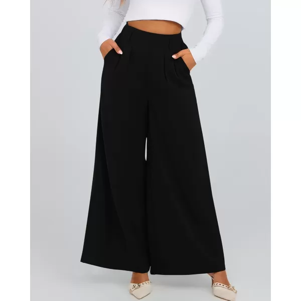 BTFBM Womens Elegant Flowy Dress Pants Front Pleated High Waisted Casual Wide Leg Loose Palazzo Trousers with PocketsBlack