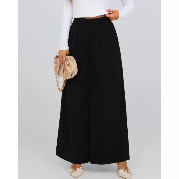 BTFBM Womens Elegant Flowy Dress Pants Front Pleated High Waisted Casual Wide Leg Loose Palazzo Trousers with PocketsBlack