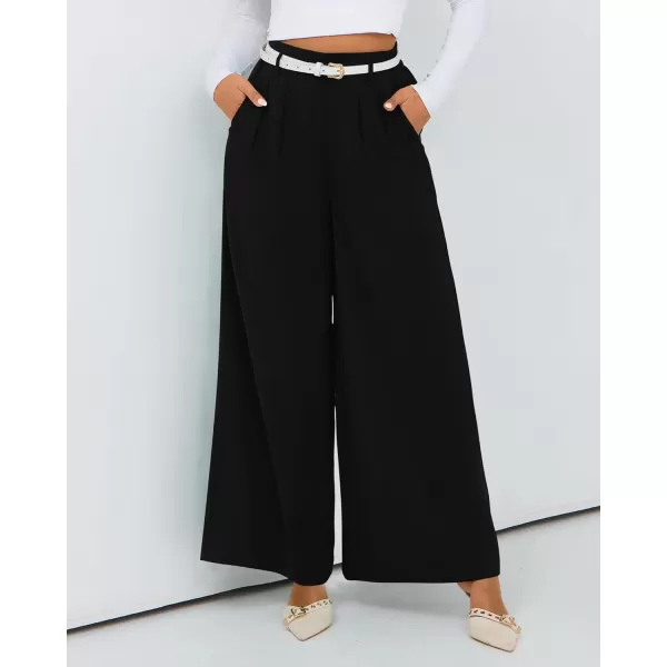 BTFBM Womens Elegant Flowy Dress Pants Front Pleated High Waisted Casual Wide Leg Loose Palazzo Trousers with PocketsBlack