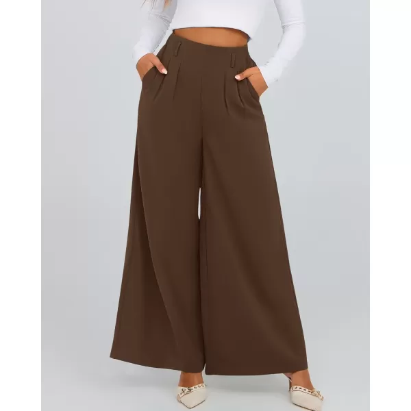 BTFBM Womens Elegant Flowy Dress Pants Front Pleated High Waisted Casual Wide Leg Loose Palazzo Trousers with PocketsCoffee