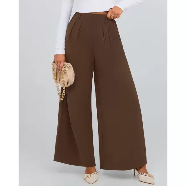 BTFBM Womens Elegant Flowy Dress Pants Front Pleated High Waisted Casual Wide Leg Loose Palazzo Trousers with PocketsCoffee