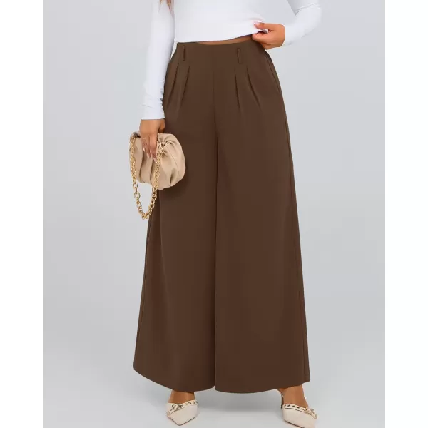 BTFBM Womens Elegant Flowy Dress Pants Front Pleated High Waisted Casual Wide Leg Loose Palazzo Trousers with PocketsCoffee