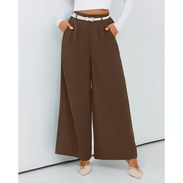 BTFBM Womens Elegant Flowy Dress Pants Front Pleated High Waisted Casual Wide Leg Loose Palazzo Trousers with PocketsCoffee