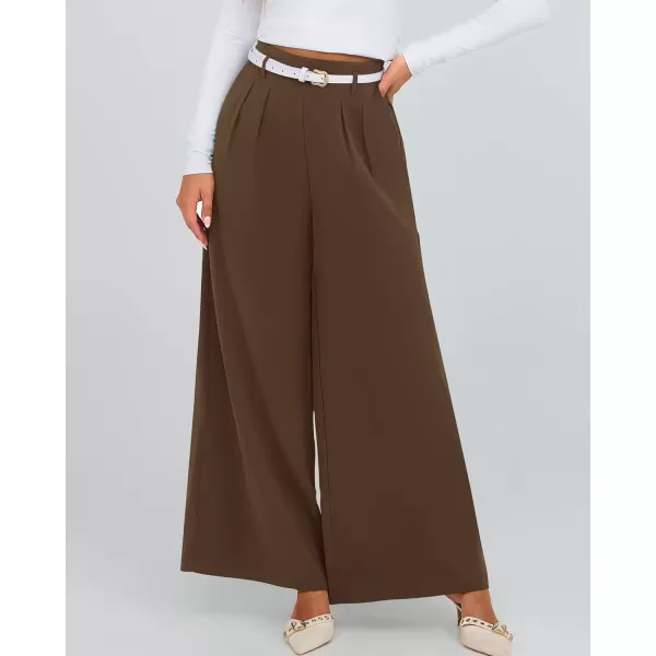 BTFBM Womens Elegant Flowy Dress Pants Front Pleated High Waisted Casual Wide Leg Loose Palazzo Trousers with PocketsCoffee