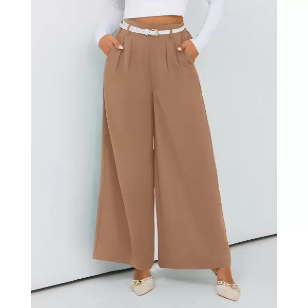 BTFBM Womens Elegant Flowy Dress Pants Front Pleated High Waisted Casual Wide Leg Loose Palazzo Trousers with PocketsKhaki