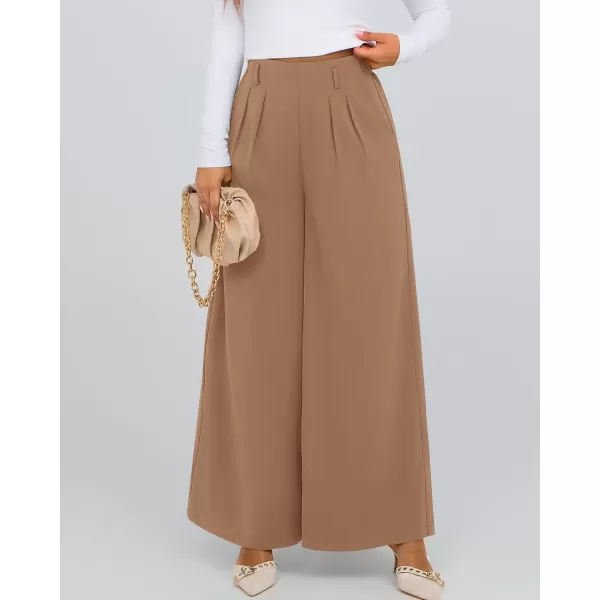 BTFBM Womens Elegant Flowy Dress Pants Front Pleated High Waisted Casual Wide Leg Loose Palazzo Trousers with PocketsKhaki