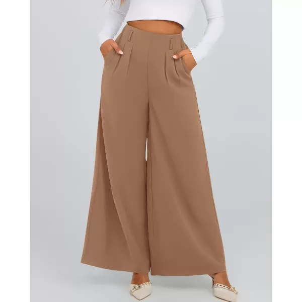 BTFBM Womens Elegant Flowy Dress Pants Front Pleated High Waisted Casual Wide Leg Loose Palazzo Trousers with PocketsKhaki