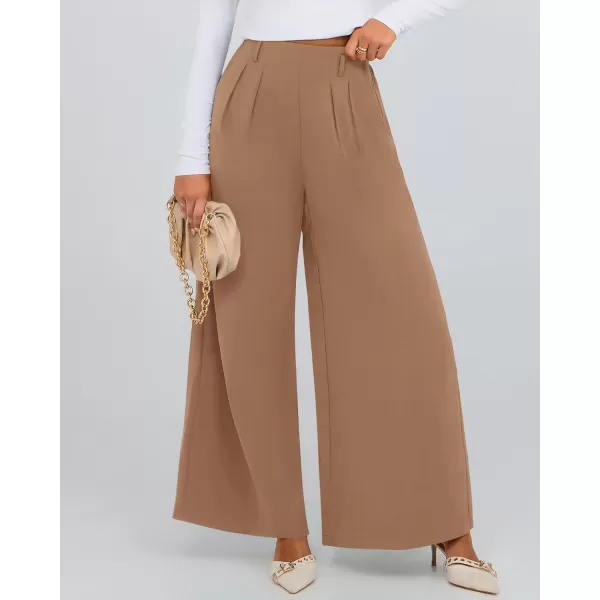 BTFBM Womens Elegant Flowy Dress Pants Front Pleated High Waisted Casual Wide Leg Loose Palazzo Trousers with PocketsKhaki