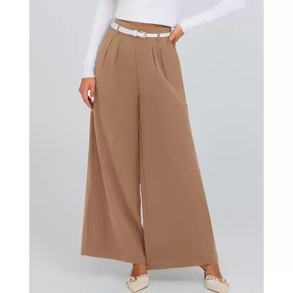 BTFBM Womens Elegant Flowy Dress Pants Front Pleated High Waisted Casual Wide Leg Loose Palazzo Trousers with PocketsKhaki