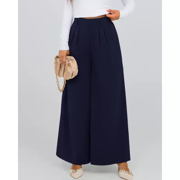 BTFBM Womens Elegant Flowy Dress Pants Front Pleated High Waisted Casual Wide Leg Loose Palazzo Trousers with PocketsNavy