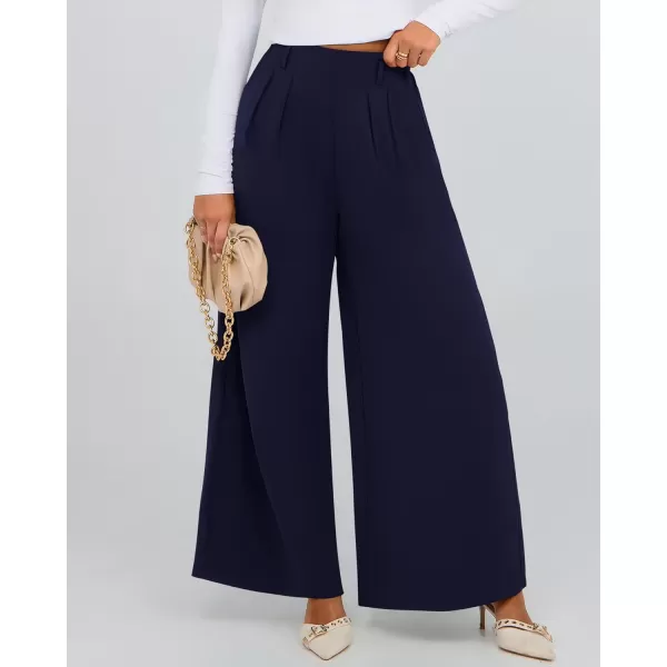 BTFBM Womens Elegant Flowy Dress Pants Front Pleated High Waisted Casual Wide Leg Loose Palazzo Trousers with PocketsNavy