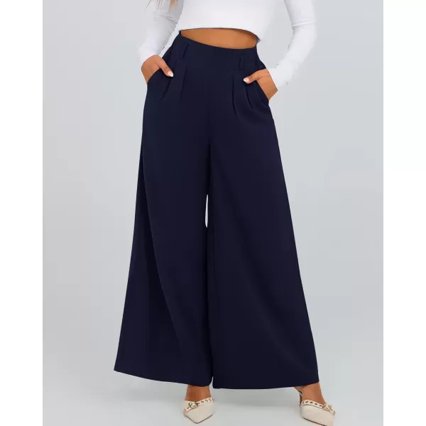 BTFBM Womens Elegant Flowy Dress Pants Front Pleated High Waisted Casual Wide Leg Loose Palazzo Trousers with PocketsNavy