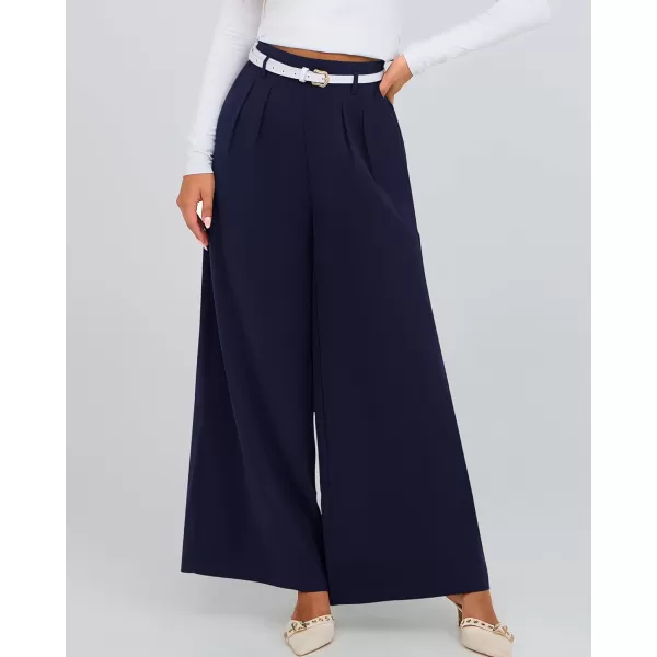 BTFBM Womens Elegant Flowy Dress Pants Front Pleated High Waisted Casual Wide Leg Loose Palazzo Trousers with PocketsNavy
