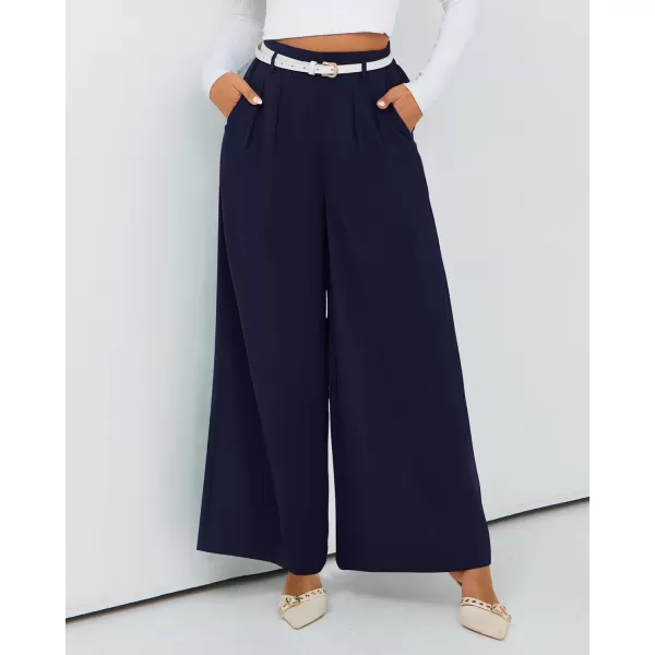 BTFBM Womens Elegant Flowy Dress Pants Front Pleated High Waisted Casual Wide Leg Loose Palazzo Trousers with PocketsNavy