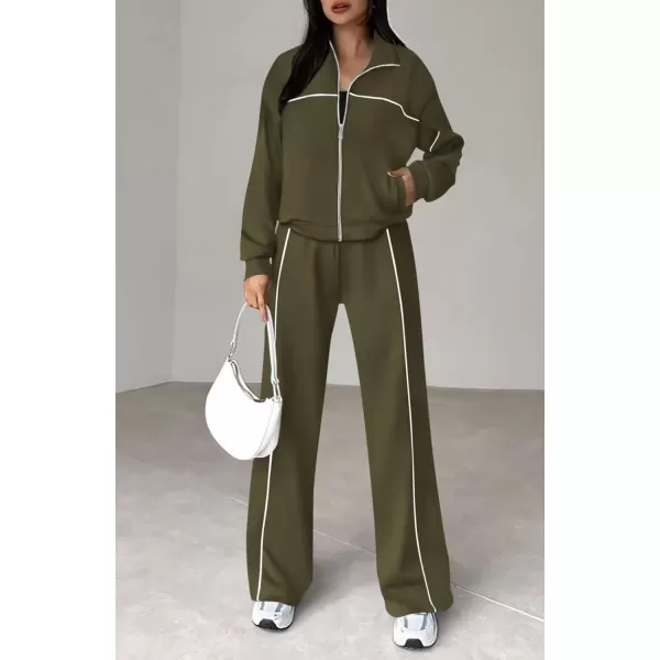 BTFBM Womens Two Piece Tracksuit Fall 2024 Long Sleeve Zip Up Sweatshirt Long Pants Outfits Jogger Sweatsuit SetsSolid Army Green