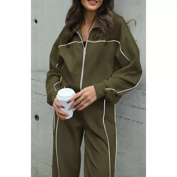BTFBM Womens Two Piece Tracksuit Fall 2024 Long Sleeve Zip Up Sweatshirt Long Pants Outfits Jogger Sweatsuit SetsSolid Army Green
