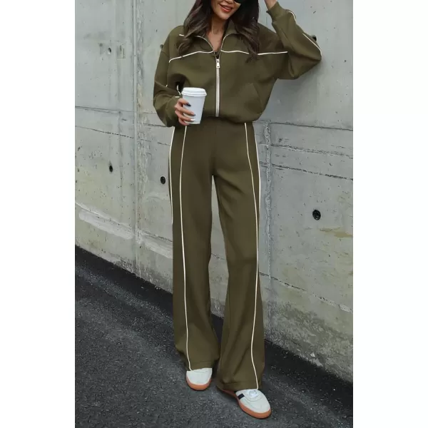 BTFBM Womens Two Piece Tracksuit Fall 2024 Long Sleeve Zip Up Sweatshirt Long Pants Outfits Jogger Sweatsuit SetsSolid Army Green