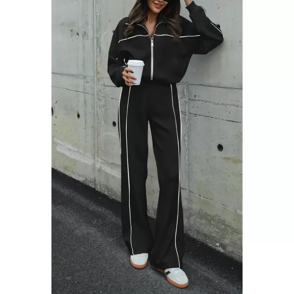 BTFBM Womens Two Piece Tracksuit Fall 2024 Long Sleeve Zip Up Sweatshirt Long Pants Outfits Jogger Sweatsuit SetsSolid Black