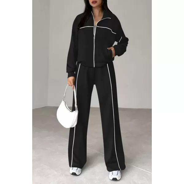 BTFBM Womens Two Piece Tracksuit Fall 2024 Long Sleeve Zip Up Sweatshirt Long Pants Outfits Jogger Sweatsuit SetsSolid Black