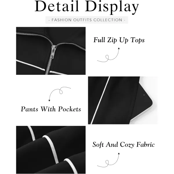 BTFBM Womens Two Piece Tracksuit Fall 2024 Long Sleeve Zip Up Sweatshirt Long Pants Outfits Jogger Sweatsuit SetsSolid Black