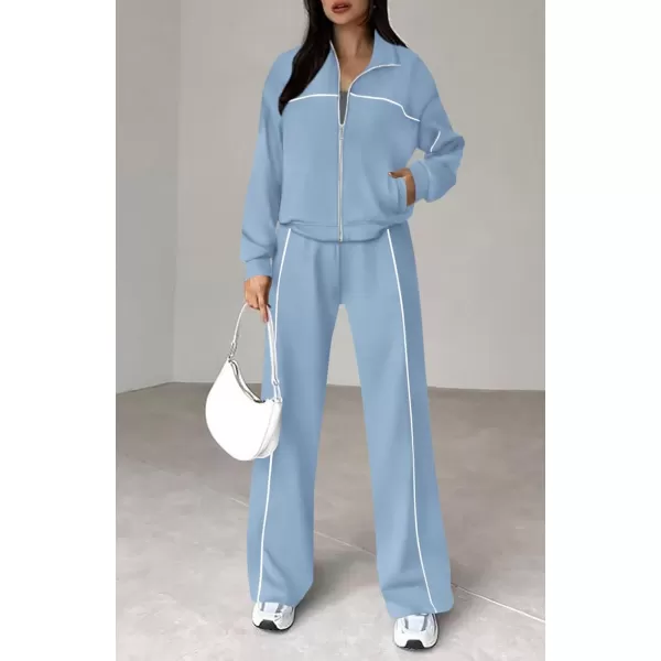 BTFBM Womens Two Piece Tracksuit Fall 2024 Long Sleeve Zip Up Sweatshirt Long Pants Outfits Jogger Sweatsuit SetsSolid Blue