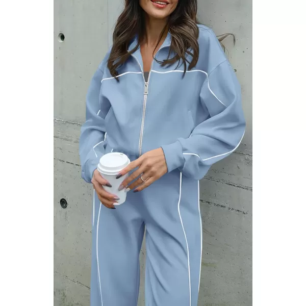 BTFBM Womens Two Piece Tracksuit Fall 2024 Long Sleeve Zip Up Sweatshirt Long Pants Outfits Jogger Sweatsuit SetsSolid Blue