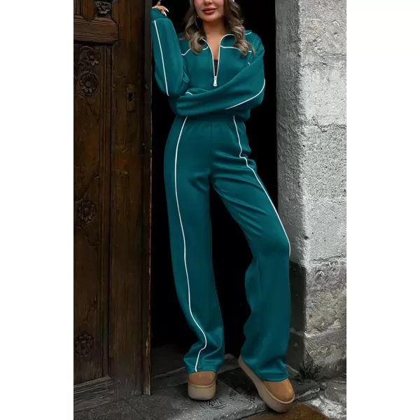 BTFBM Womens Two Piece Tracksuit Fall 2024 Long Sleeve Zip Up Sweatshirt Long Pants Outfits Jogger Sweatsuit SetsSolid Blue Green