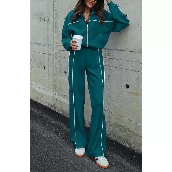 BTFBM Womens Two Piece Tracksuit Fall 2024 Long Sleeve Zip Up Sweatshirt Long Pants Outfits Jogger Sweatsuit SetsSolid Blue Green